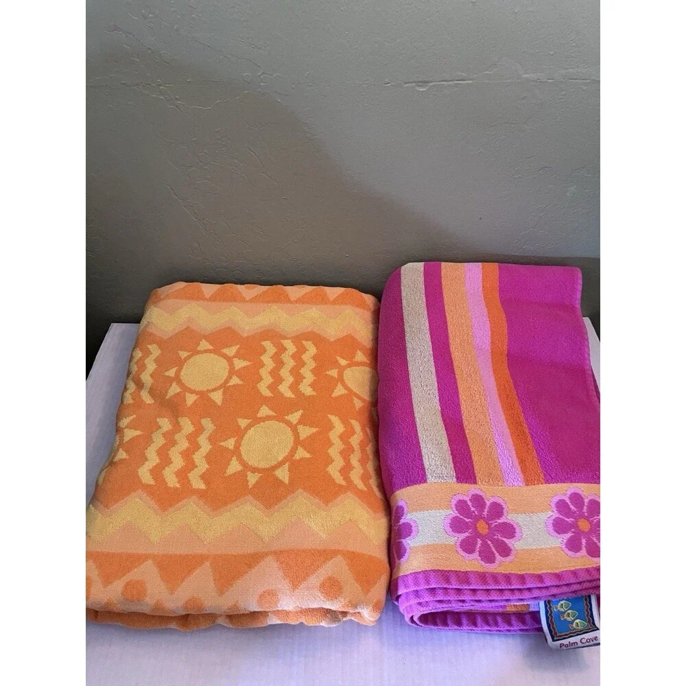 Two VTG Palm Cove Sun Beach Towels Sun Orange Floral Pink Beachtowel 100% cotton